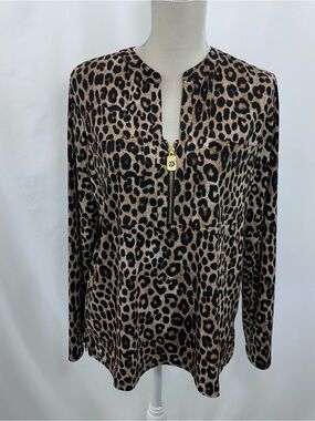 Michael Kors Leopard Print Half-Zip Long Sleeve Top - Tan/Black